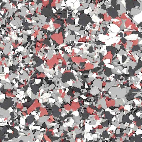 This image shows a chaotic collection of red, white, and gray jagged shapes scattered densely across the frame, creating a textured, abstract appearance.